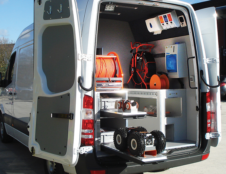 Sewer inspection van equipped with pipe camera and crawler equipment